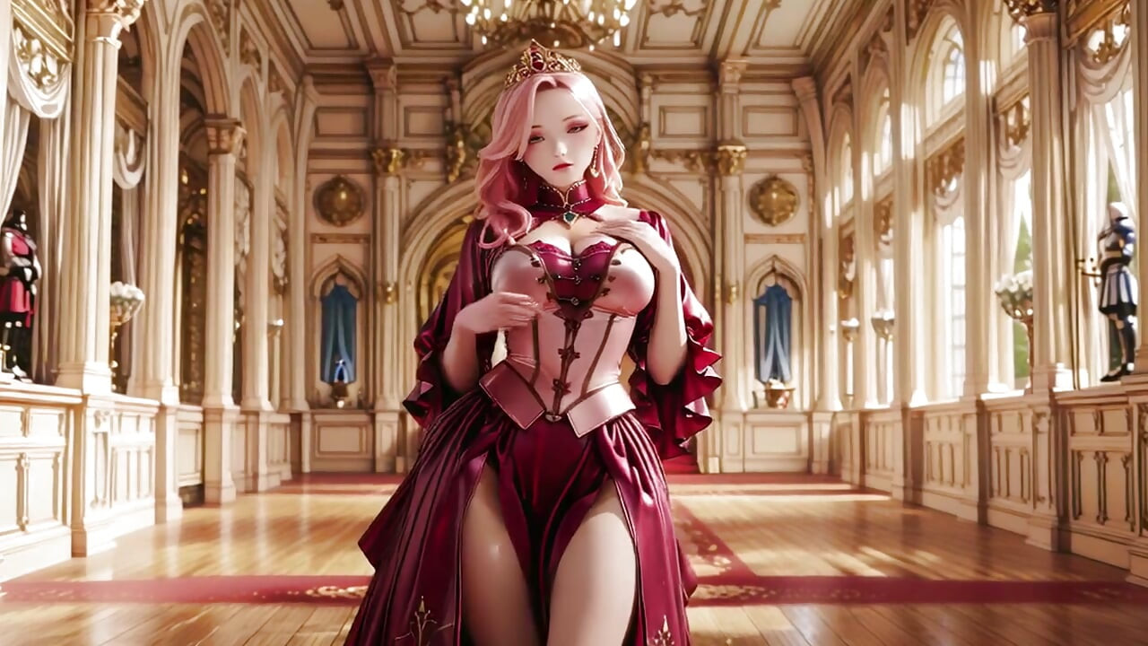 The Pink Queen's Coronation! Deep red silk, golden goblet, and a lazy gaze from the throne. Pure fantasy.