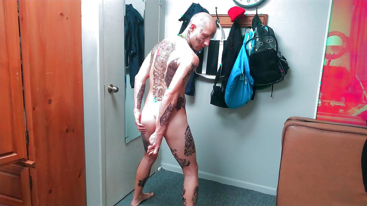 Fully Tatted Man Dildo Fucked