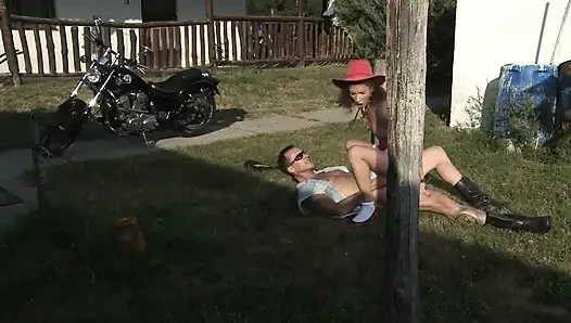 Wild hot sexy bitch rides a huge solid cock outdoor