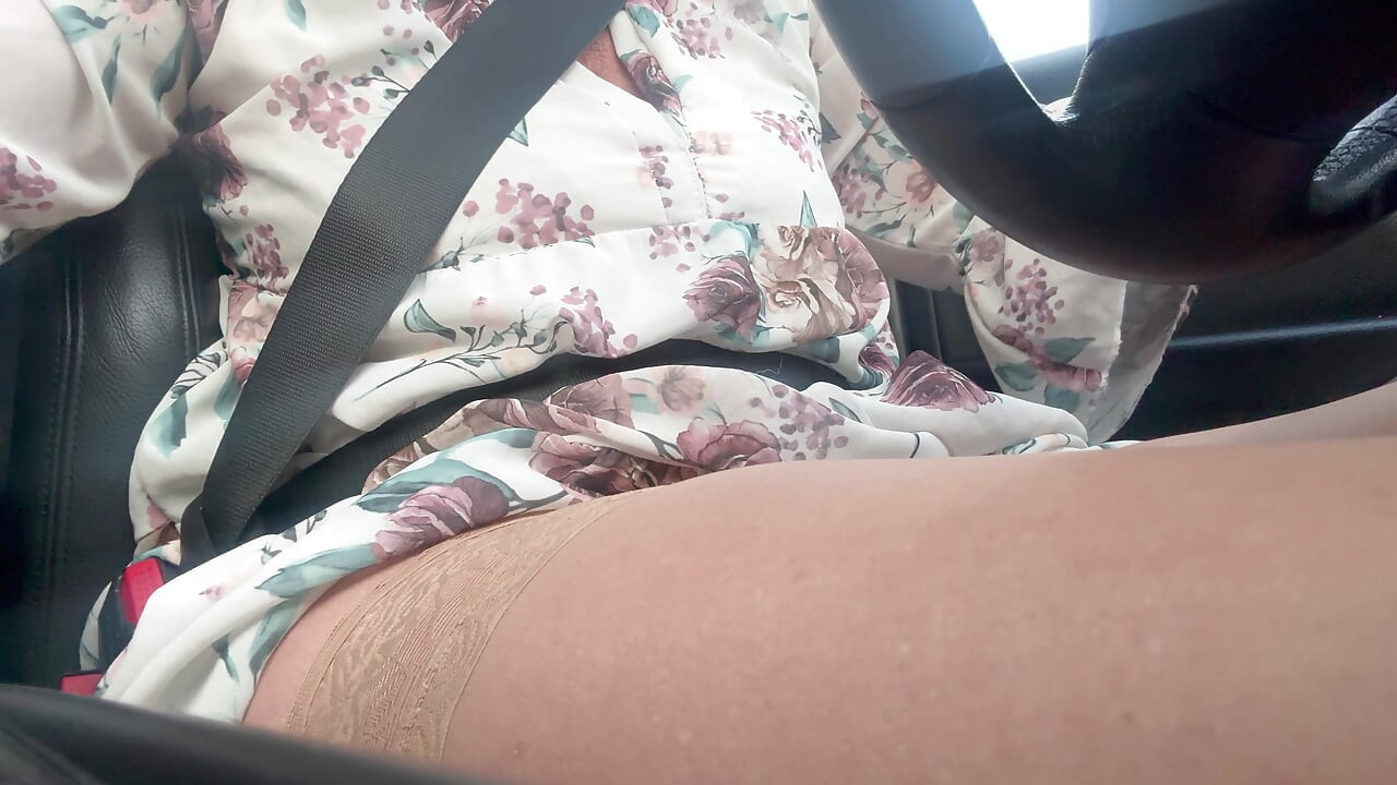 Hot elegant mature wife shows off her sexy legs in stockings as she drives to the office