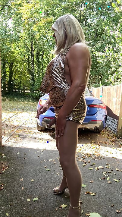 Sexy Crossdresser kellycd2022 in gold leopard print dress tan pantyhose and heels s