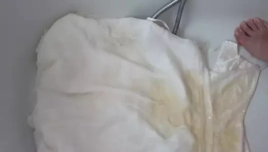 pissing on white dress