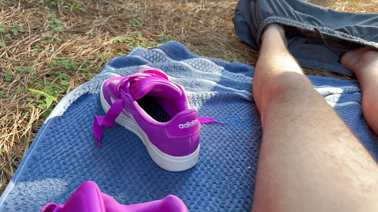 Fucking and cumming outdoors in the park with the wife's new pink Adidas sneaker. First cumshot on him