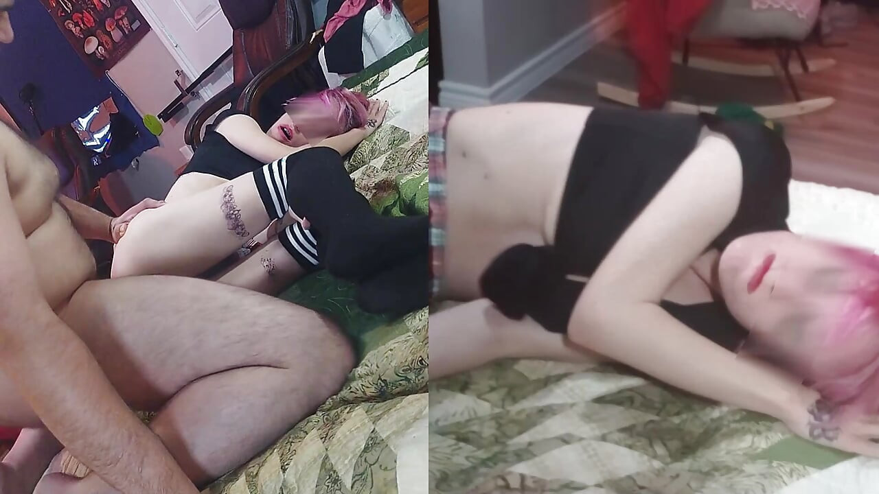 Petite white schoolgirl with braces & pink hair wearing a mini skirt gets fucked and given a facial while she smiles