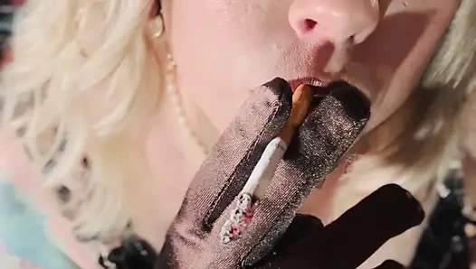 Blonde Tina Snua Dressed In Satin Smokes A Cigarette In Satin Gloves - Snap Inhales OMI OME Drifting Smoking