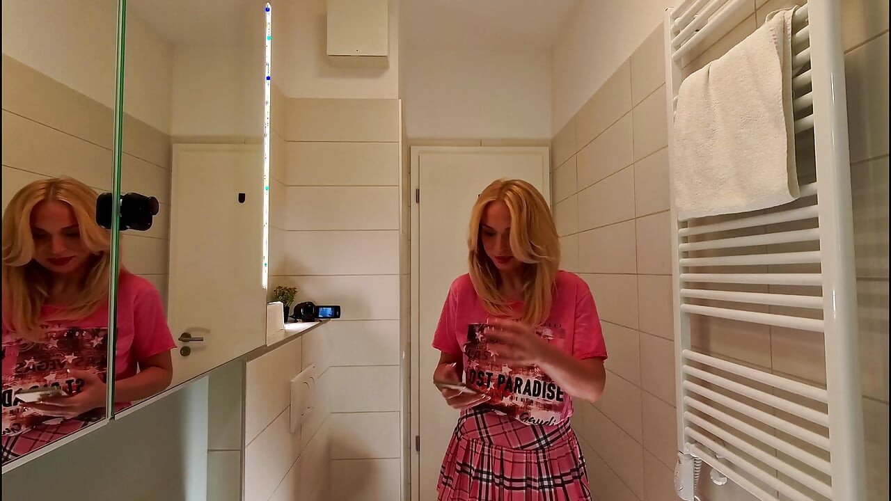Cute Beautiful and Hot All Natural Big Tits Big Ass Blonde College Slut Masturbates with a Small Massager Using Under Her Skirt