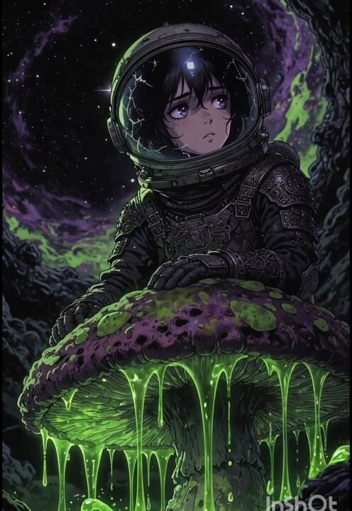 Eine Astronautin hat sich auf einem fremden Planeten verlaufen anime Schleim alien