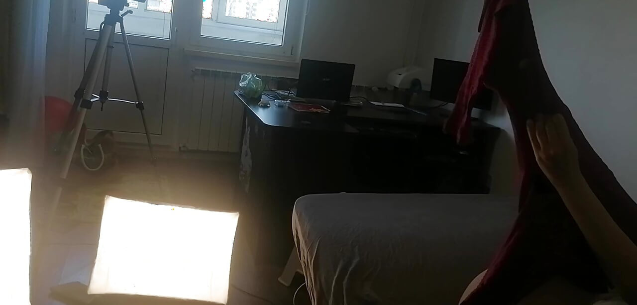 Amateur woman has fun trying on clothes and cutting them. Amateur woman vacuuming naked in the house.