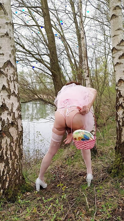 Pink bunnies on an egg hunt in the forest