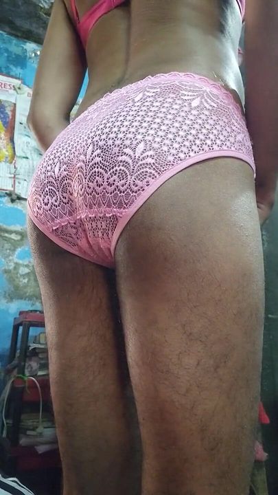 Horny Indian Teen Boy Wearing His Step Sister's Cute Pink Lace Panties and Bra