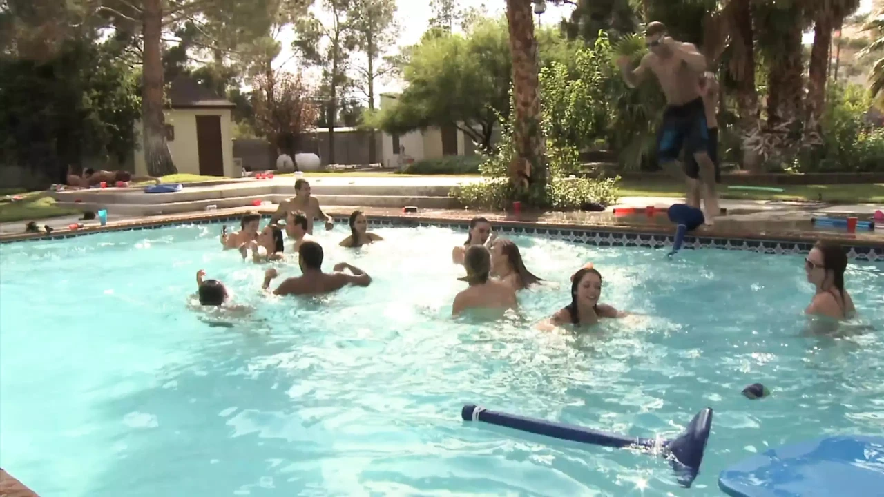 Adrianna Luna and Mia Gold pool party into an outdoor group sex fuck fest.