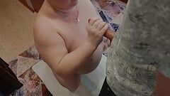 mother-in-law jerks off a dick and gets a big cumshot on tits