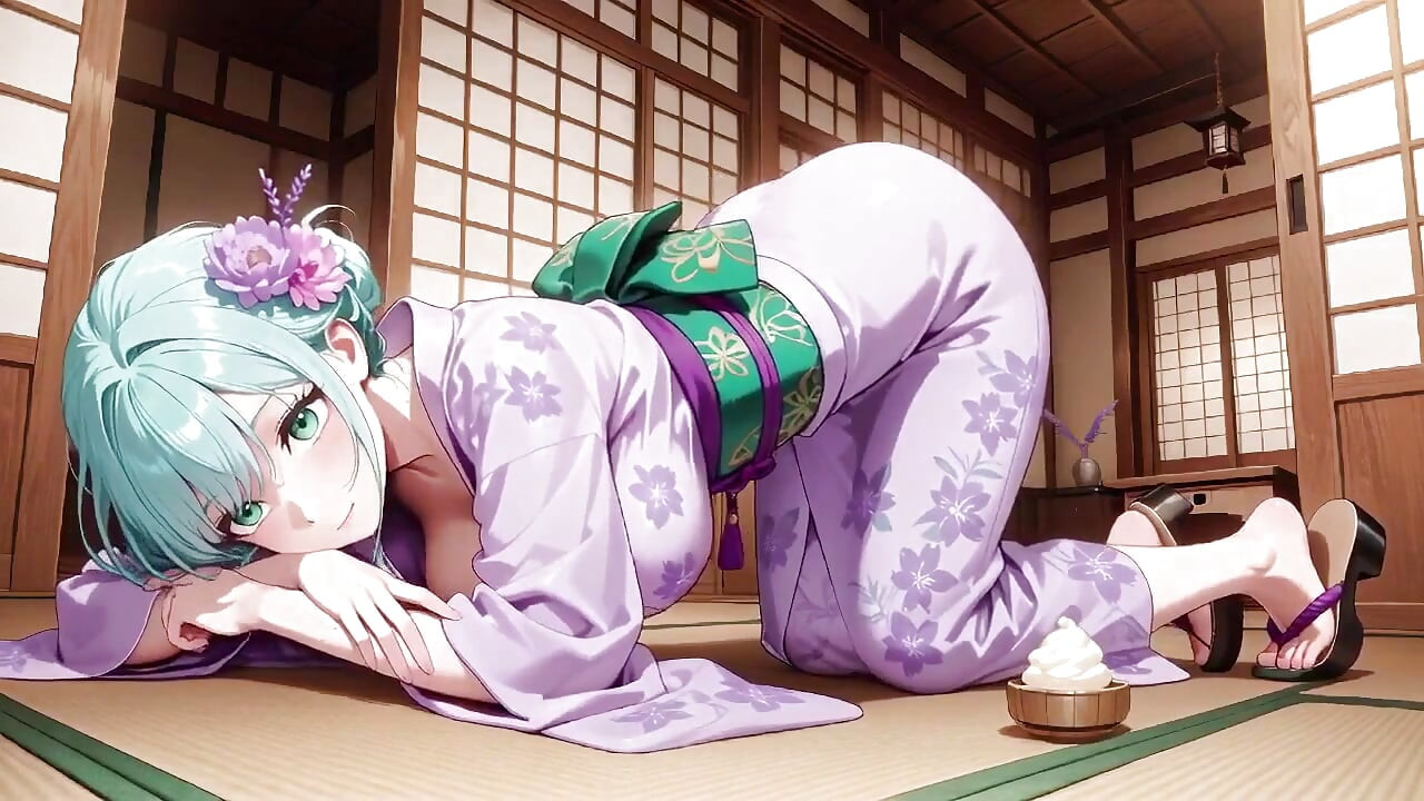 Manhã privada da garota de quimono de cabelos verdes! Roxa Yukata ligeiramente úmida, ajoelhando-se na cama em um quarto japonês