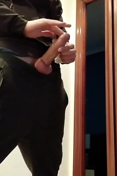 Handjob From Hot Amateur Guy with Big Cock, Shoots at the Door