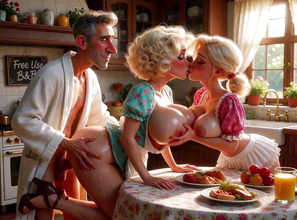 Breakfast, love, and pleasure, they offer their pussies to help him relax (AI-generated)