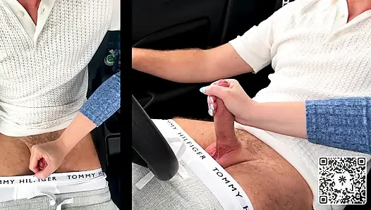 Public Parking Lot Handjob Gone Wild: Wet & sloppy Handjob leads to massive Tit Cumshot