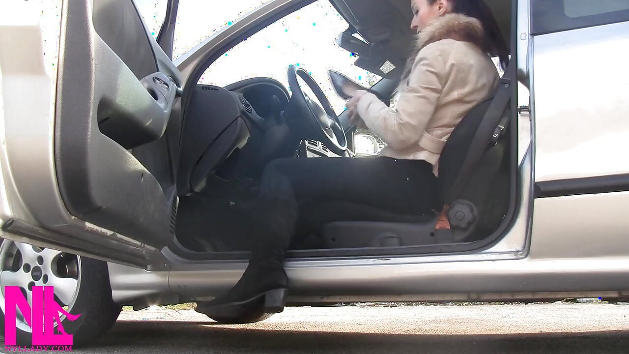 Pedal Pumping in Black Pantyhose and Grey Patent High Heels