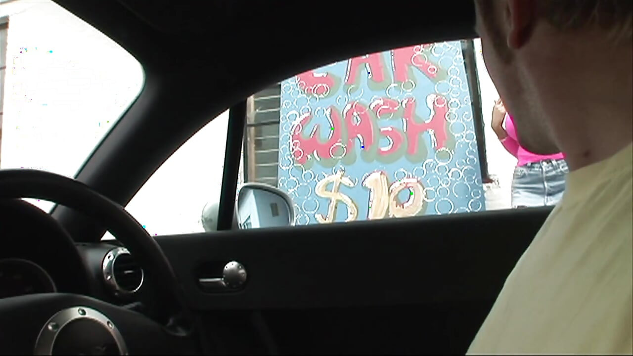 Sex in the car wash with a brunette bitch in sexy pink fishnets