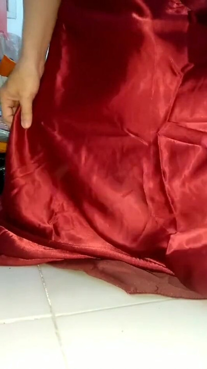 Pulsating Cum Into Red Satin Long Gown | Clip 1
