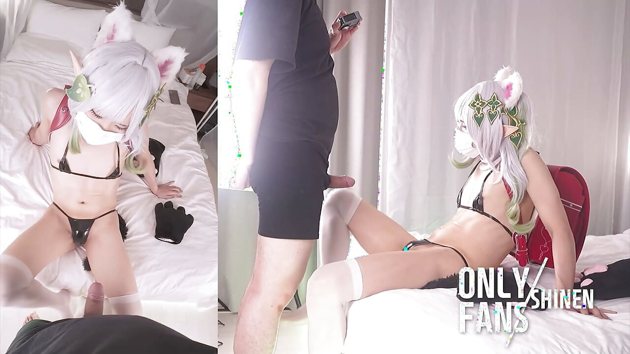 Cute Asian Amateur Femboy Nahida Cosplayer from Genshin Impact does Soft BDSM Femdom, Foot worship and Ass worship