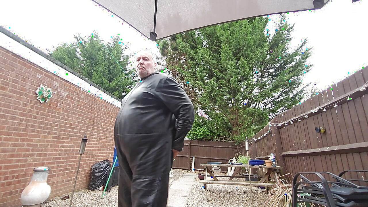 Leather overalls outside in the garden