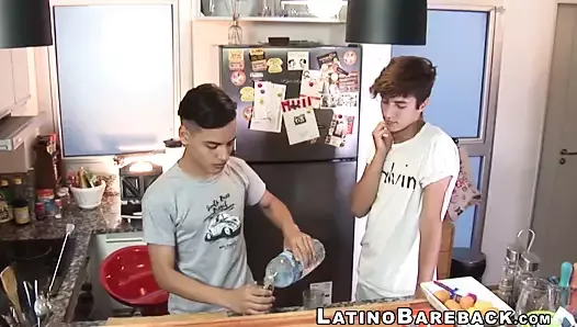 Kitchen bareback session with Latino twink and his friend