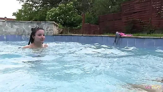 The water enhances all lesbian sensations while the lesbian scissoring in the pool continues on