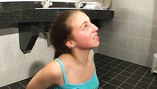 Skinny Brunette Teen Gets Rough Bathroom Fuck and Facial