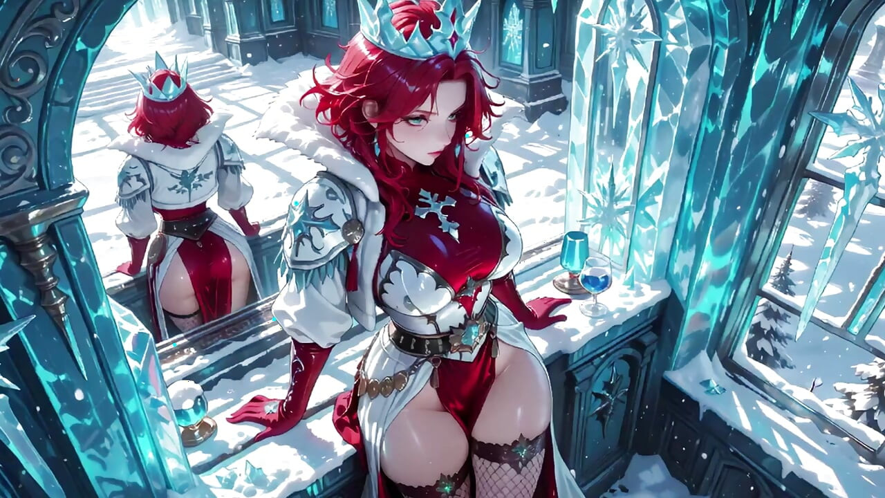 Feiticeira ruiva faz uma entrada impressionante no Salão de Cristal, robe ligeiramente aberto e cajado batendo de forma sedutora.