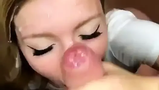 Beautiful girl with blue eyes gives blowjob