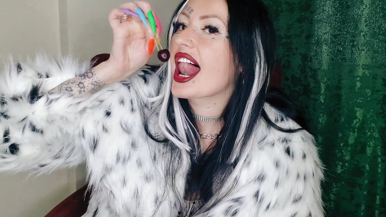 Spit fetish. Dominatrix Nika prepares a cocktail of spit and chewed cherries for you. Food fetish.