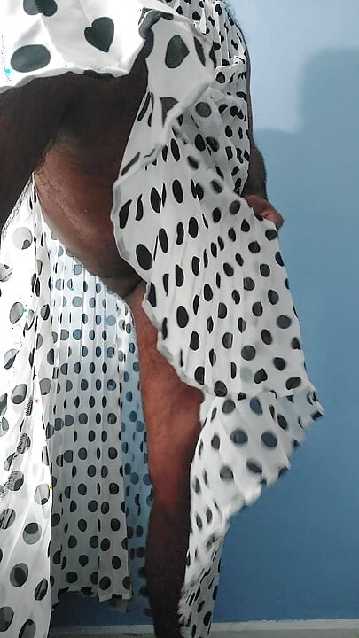 I'm masterbating wearing a Silk Seethrough chiffon black and white polka dots pleated Skirt