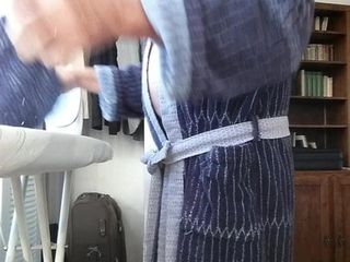 Ironing in bathrobe