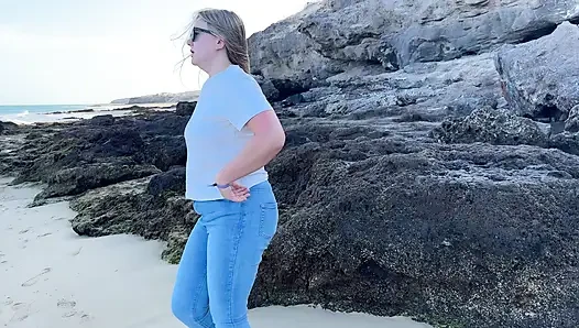 Peeing in Tight Jeans on the Beach