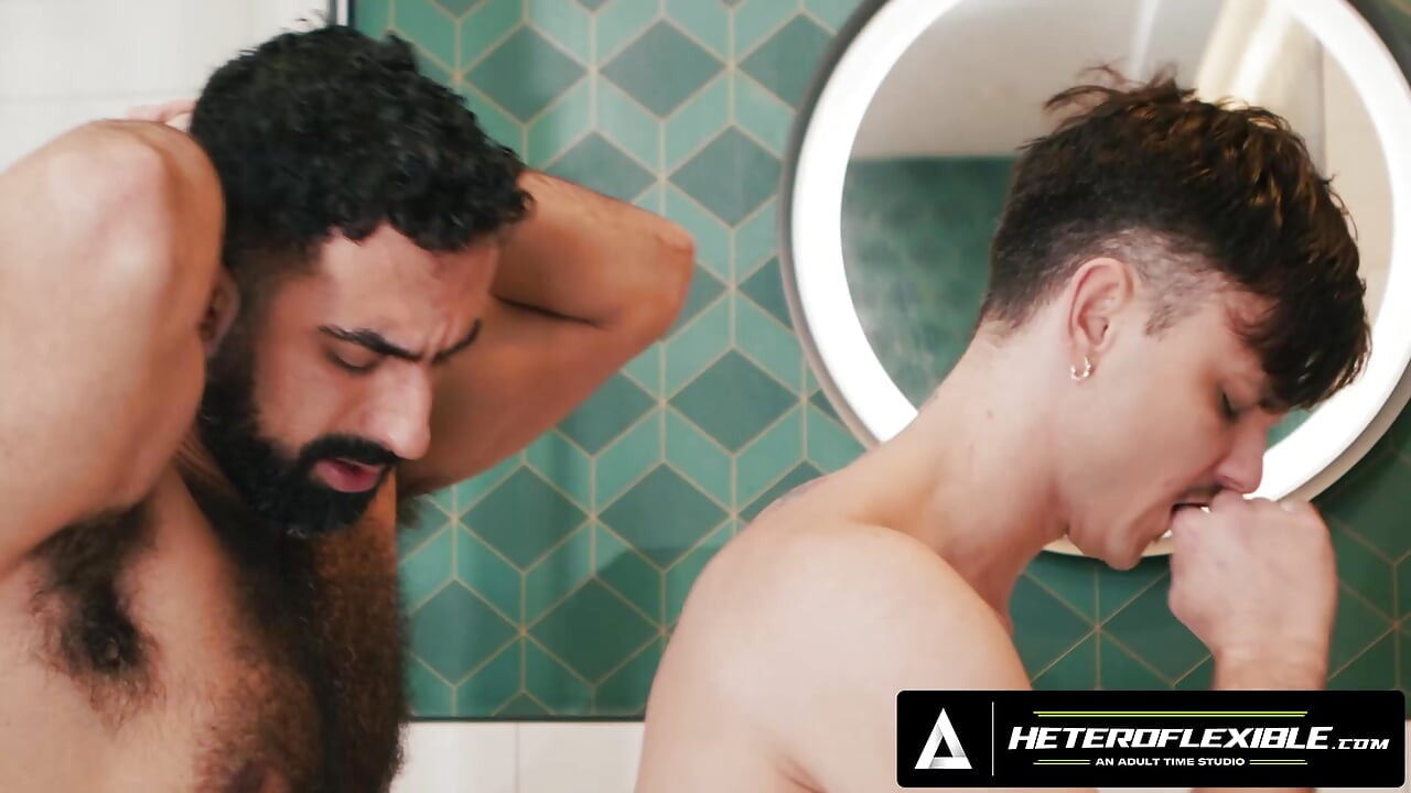HETEROFLEXIBLE - Steamy Shower Blowjob Turns Into Rough Bareback Anal Between Hairy Hunk & Hot Jock