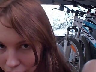 A beautiful brunette teen from Germany gets her pussy banged in the car