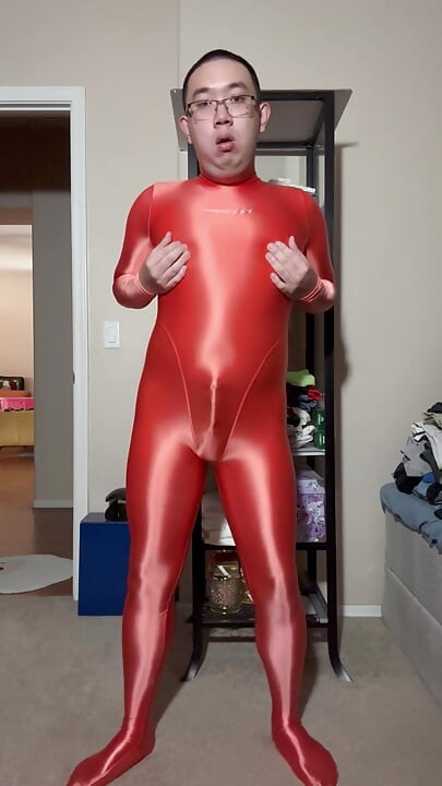 Orange Amoresy Spandex Suit, Hot Sex Jerk Off with Condom and Cum