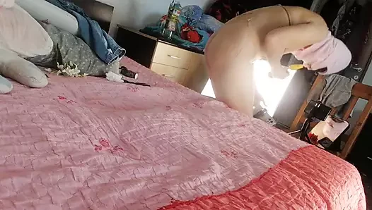 Amateur wife licks ice cream has fun trying on clothes that she cuts.