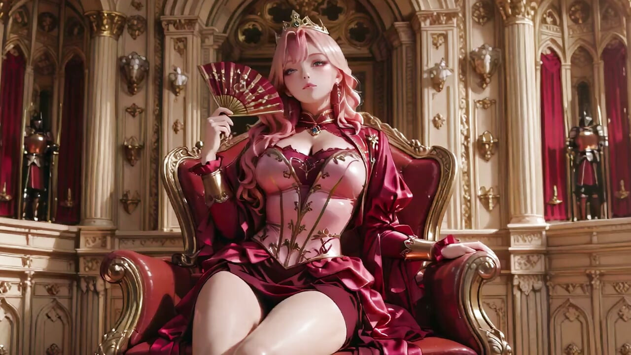 The Pink Queen's Coronation! Deep red silk, golden goblet, and a lazy gaze from the throne. Pure fantasy.
