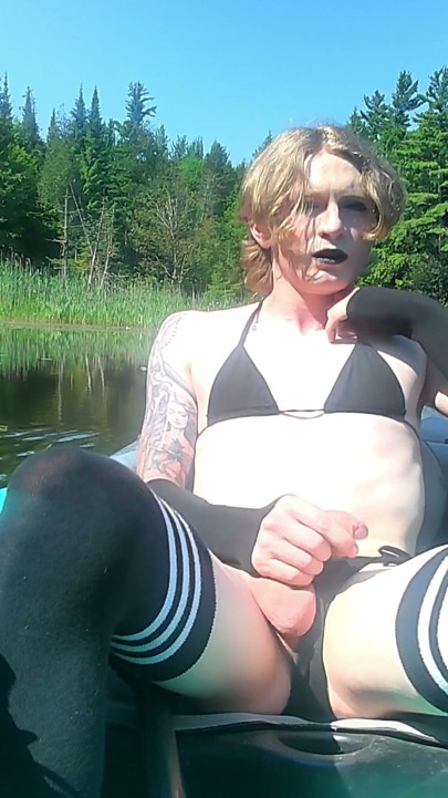 strawberry blonde goth femboy in black bikini & thigh socks, nature kayak session - solo cum in cove | Clip 1
