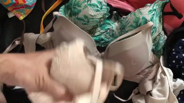 Playing with bras and bikinis cum in shoes...
