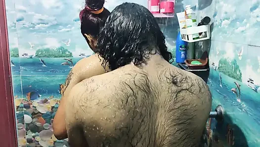 Hot couple bath romance in bathroom