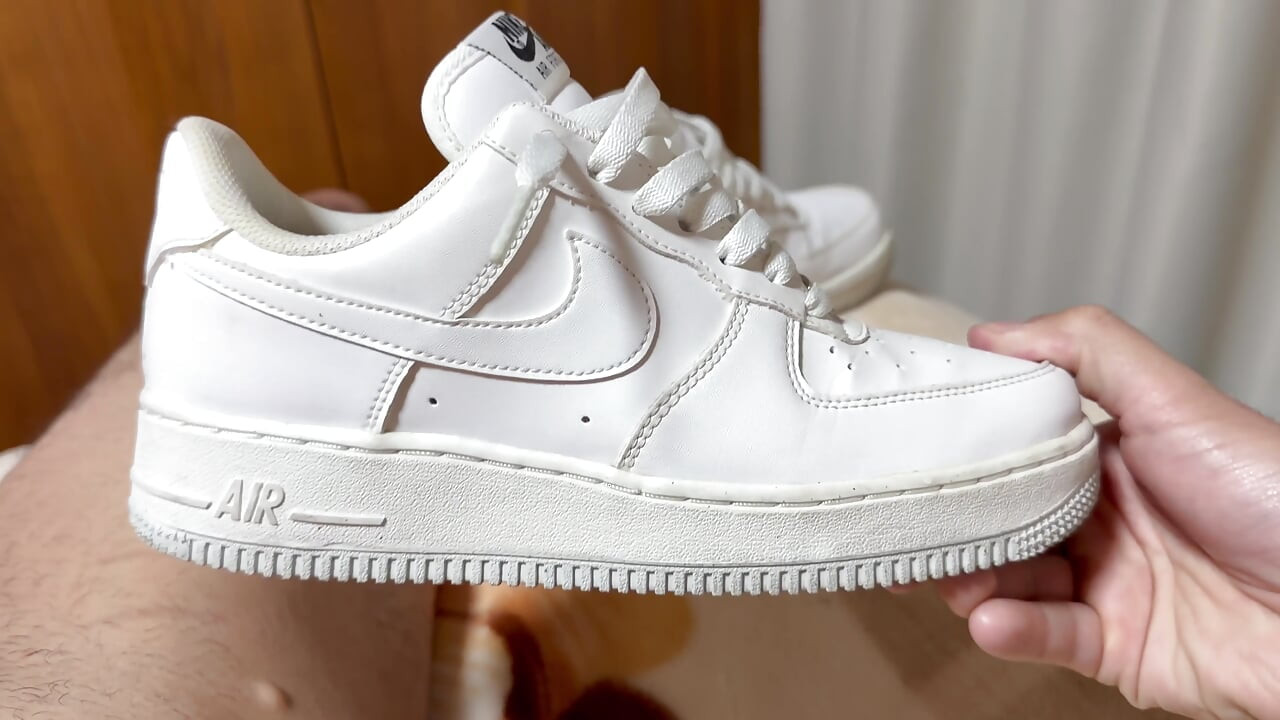 Hot fuck with my wife's Nike AF1 sneaker using the fleshlight and cumming inside