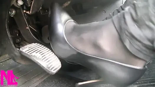 Pedal Pumping in Black Pantyhose and Grey Patent High Heels