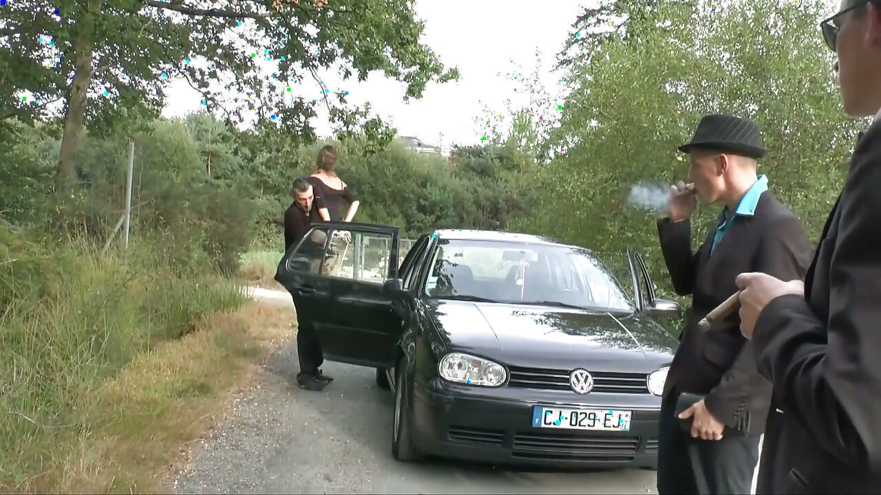 Naughty French couple is having fun outdoors with sexy brunette