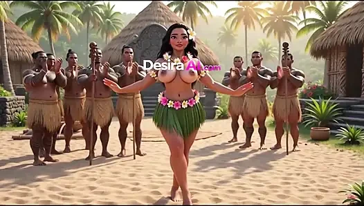 Exotic hula beauty on all fours, tribal men watching her curves (AI Generated)