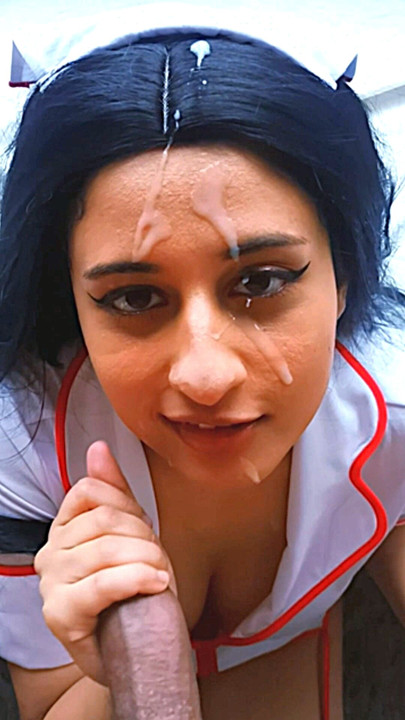 Sexy slut nurse on her knees for pov blowjob keeps sucking big cock after enormous facial cumshot