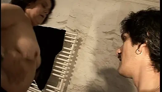 Fat German slut in stockings fucks her man in the bathroom