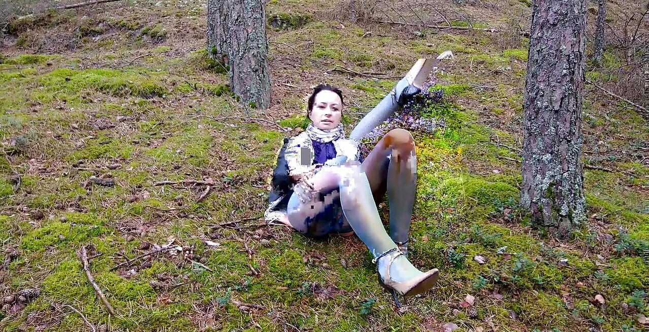 Golden Showers in The Deep Woods - While Dressed in Glossy, Blue, Crotchless Pantyhose