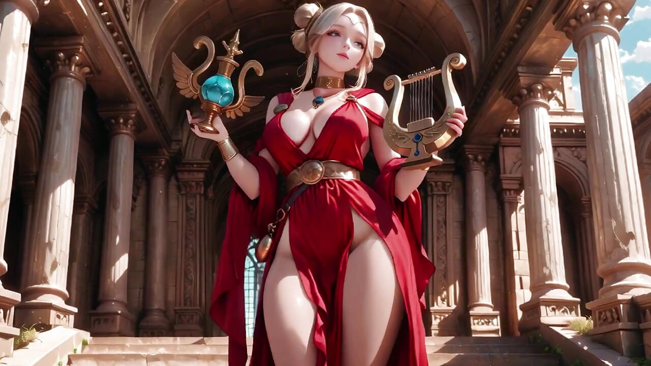 Blonde Goddess in Red! Forbidden Gaze in the Ancient Corridor, Deep V & High Slit teasing you.